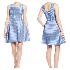 Vineyard Vines Blue White Stripe Dress Cotton Linen Preppy Fit & Flare Mini Sz 4